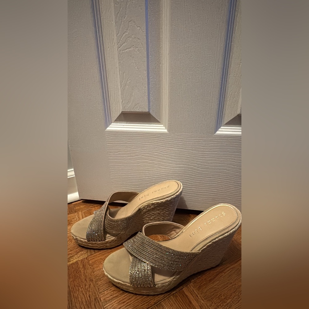 Gianni Bini Silver and Tan Wedge Sandals
